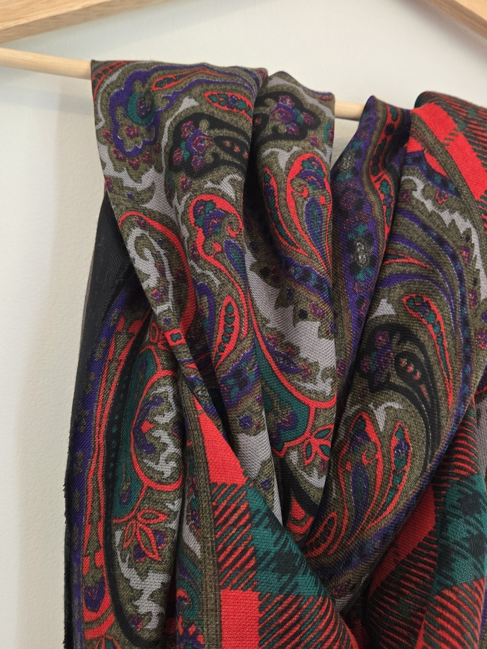 Plaid And Paisley Square Scarf Made In Italy Red, Green & Black Accent